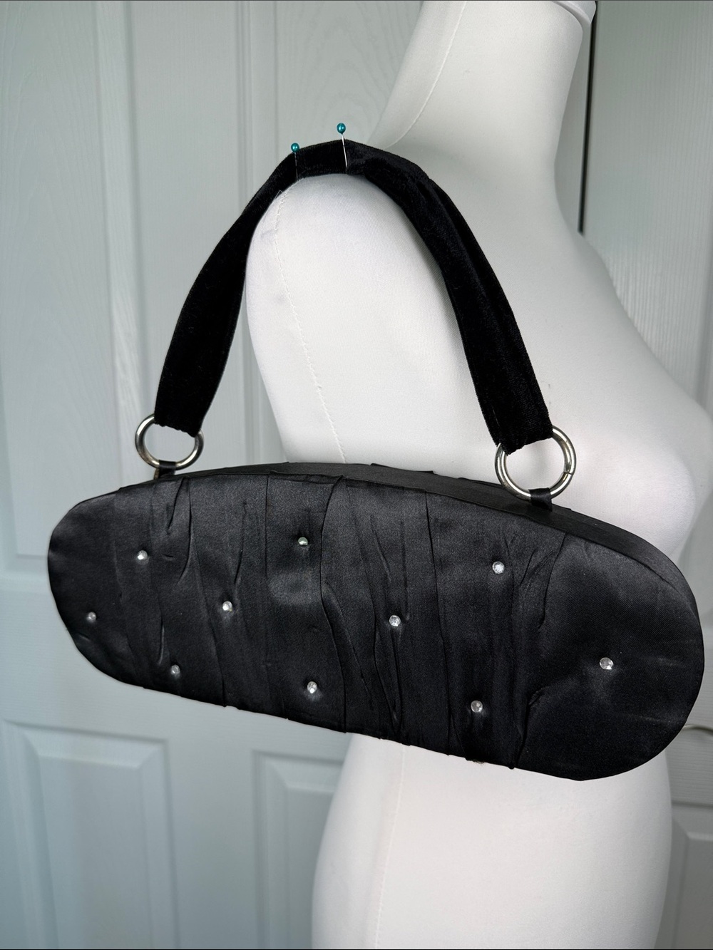 Y2K Victoria’s Secret Black Satin Rhinestone Shoulder Bag Baguette Evening boho✨
